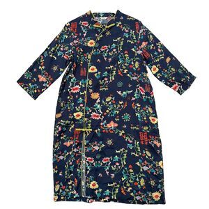 Vintage Chinese Floral Linen Robe Navy One Size